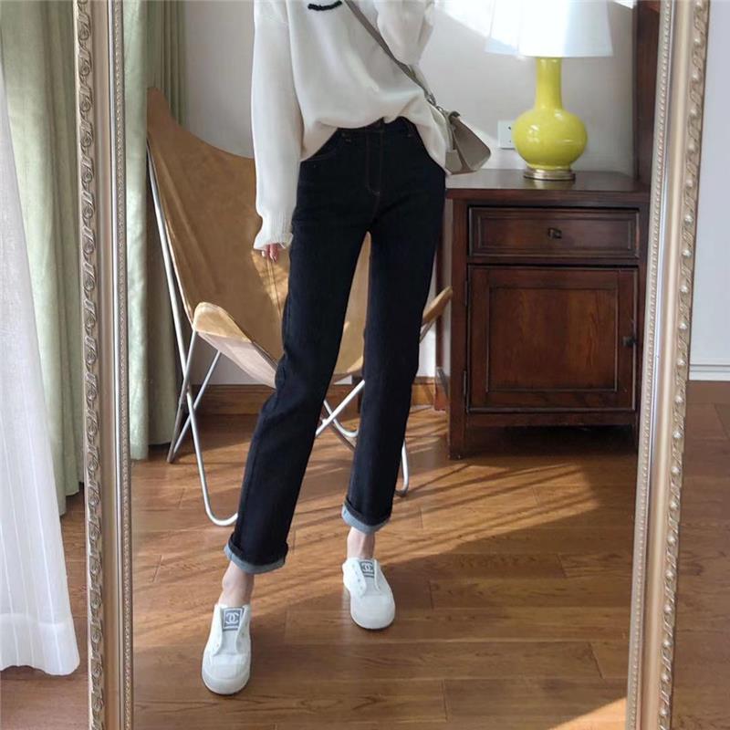 Bamboo Pole Legs Washed Dark Blue High Waist Elastic Slim Straight Jeans for Women Slimming Look Tall Pants 005