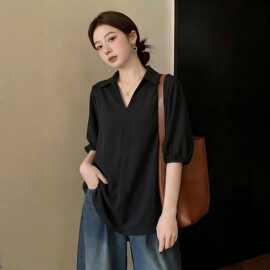 仅用于产品展示勿拍-黑色翻领七分袖雪纺衬衫女夏2026新款大尺码