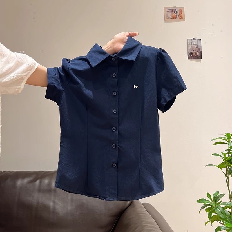 白色短袖衬衫女夏季2025新款刺绣宽松显瘦百搭短款上衣衬衣外套潮|undefined