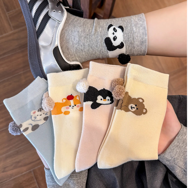 Socks Pure Cotton Women's Mid-Calf Autumn and Winter Funny Stereo Animal Plush Fun Ball Panda Butt Cartoon Cotton Socks