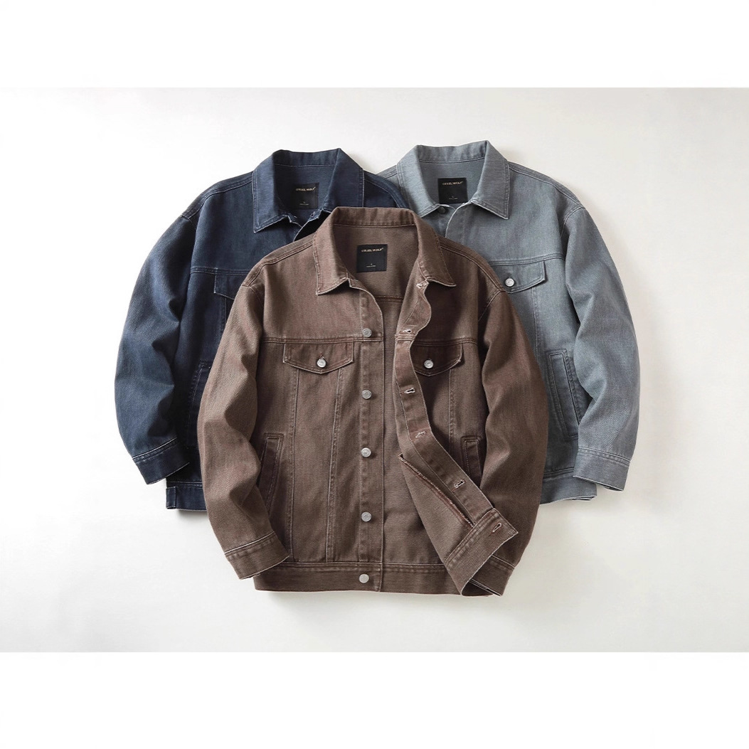 Trendy Men's American Retro Denim Jacket, Men's High Street Loose Workwear Jacket, Turn-Down Collar Top, Pure Cotton, Trendy Brand