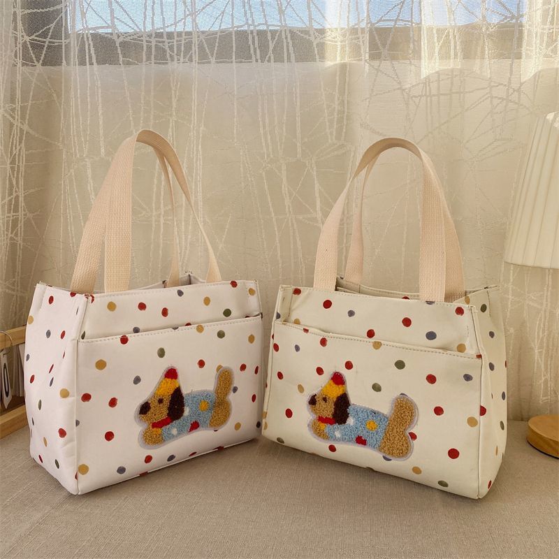 White Wave Dot Dachshund Dog Lunch Bag Hand-carried Canvas Women's Bag High-value Female Commuter Makeup Storage Bag
