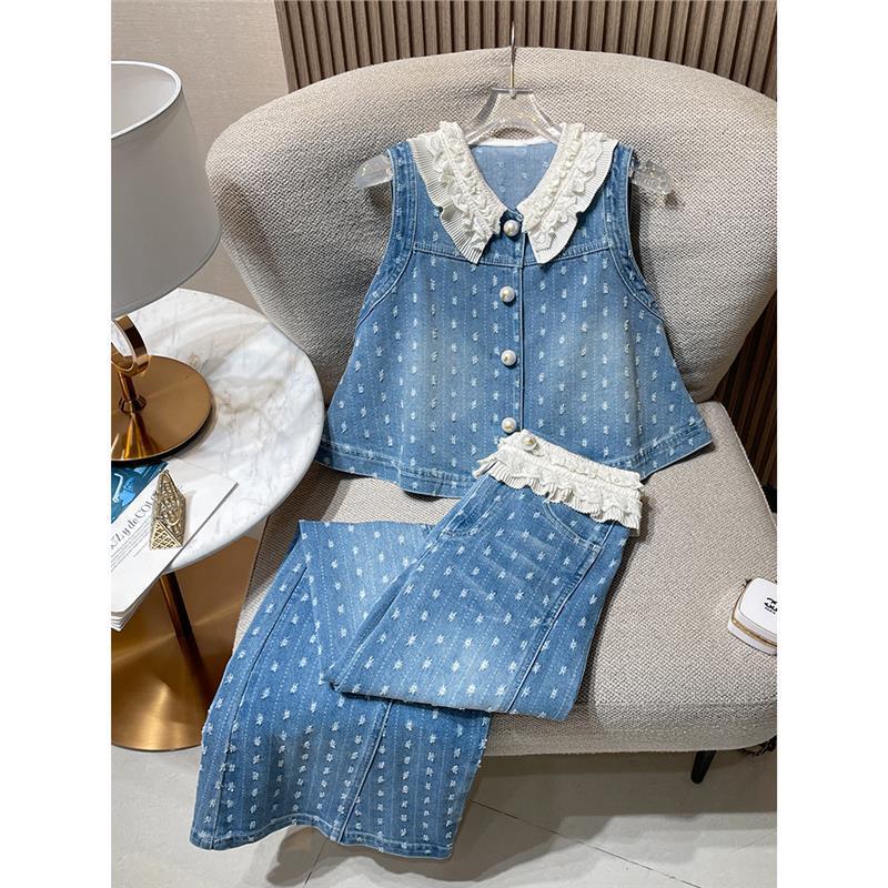 Jeans Suit 2025 Summer New Style Lace Splicing Vest Top High Waist Wide Leg Pants Two-Piece Set for Women Jeans Suit 2025 Summer New Style Lace Splicing Vest Top High Waist Wide Leg Pants Two-Piece Set for Women