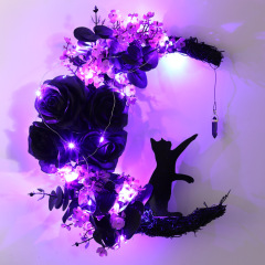 国境を越えたハロウィーン月猫花輪飾り鬼節led黒薔薇枯枝模擬藤圏装飾道具