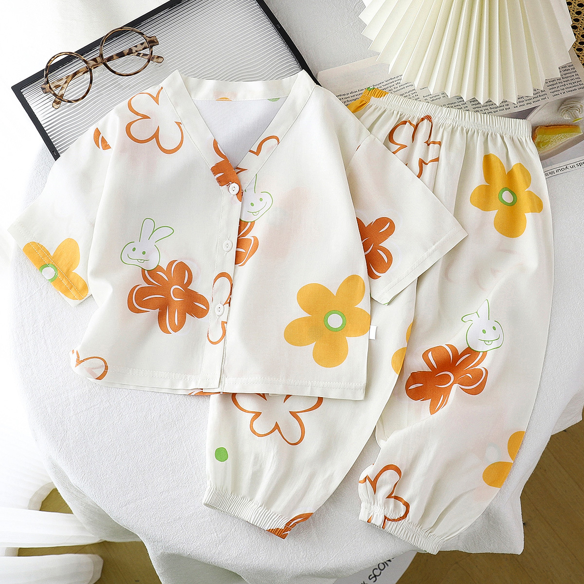 Ropa de hogar para niños, traje de seda de algodón, pijamas de verano para niños y niñas, ropa de algodón de dos piezas, ropa de aire acondicionado de seda de algodón de dos piezas, ropa para niños