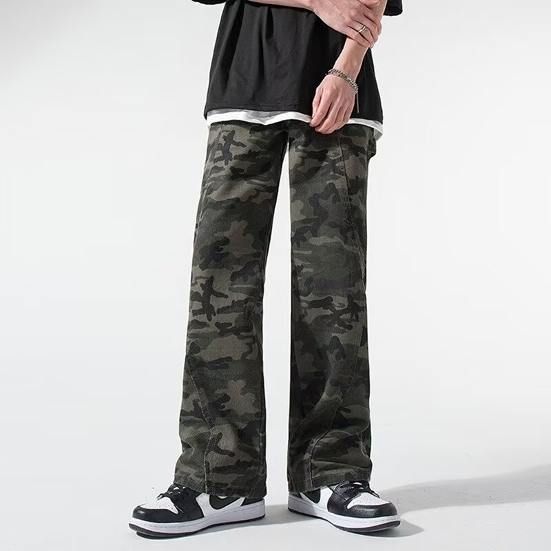 2024 jeans de camuflaje de peso pesado americano para hombres y mujeres, monos rectos de primavera, pantalones casuales de trapeador de piernas anchas, marea