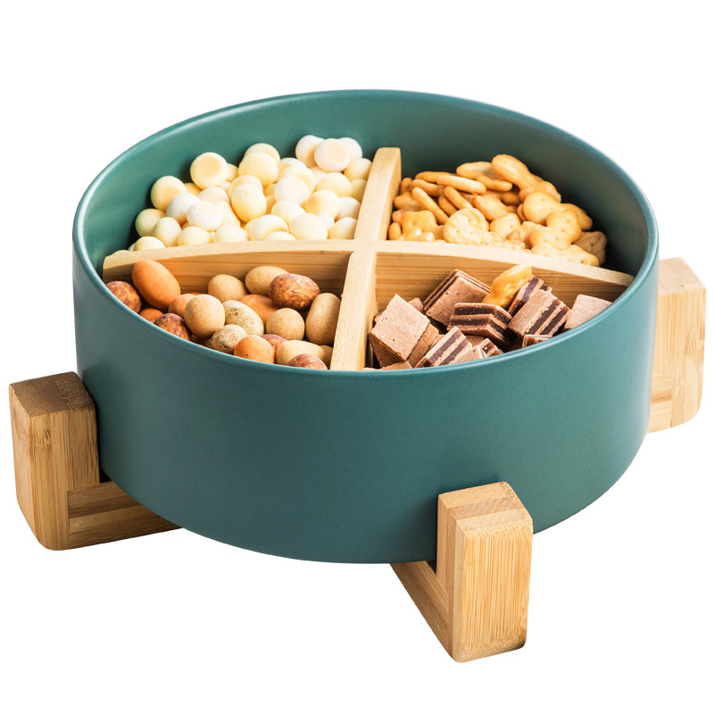 Caja de caramelo de cerámica de bambú nórdico hogar sala de estar mesa de café de cerámica plato de fruta seca compartimiento con tapa Internet Celebrity Snack Plate