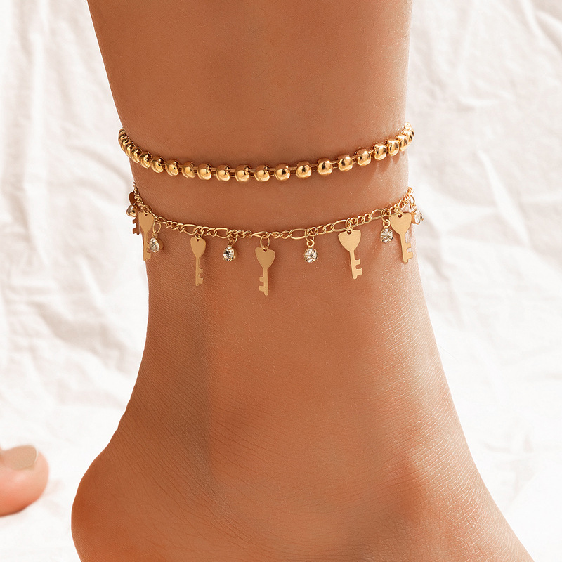 Fashion Jewelry Heart Key Disc Double Layer Diamond Anklet Wholesale display picture 2