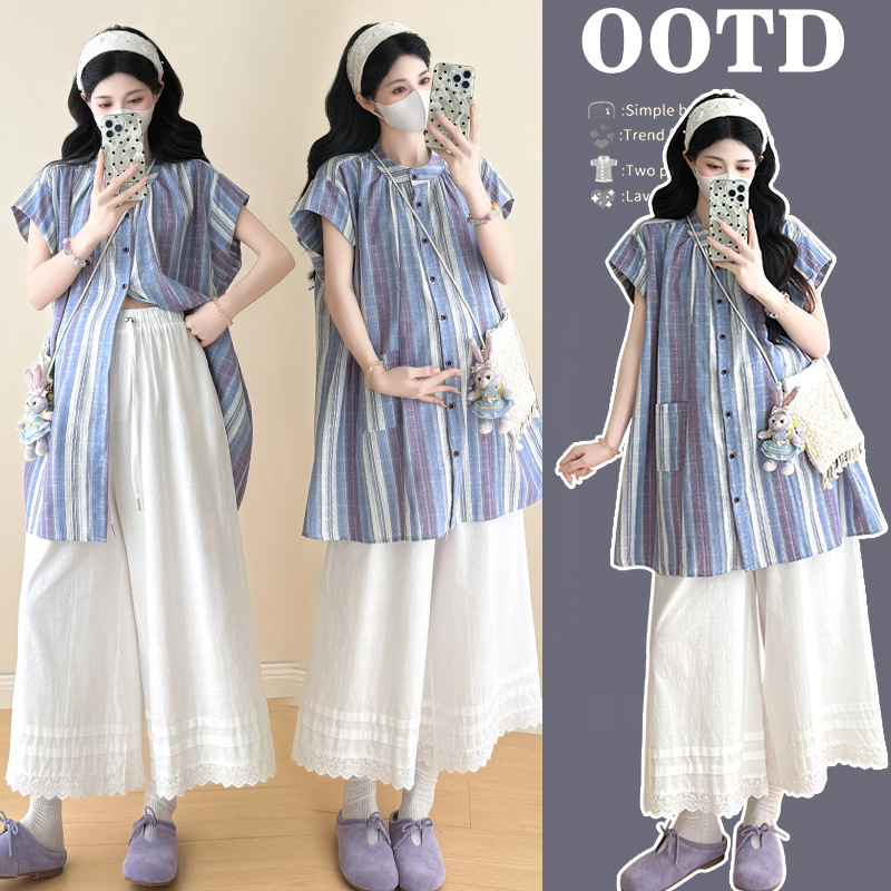 Real Shot of Pregnant Women's 2026 Summer Stylish 2-Piece Set: Fashionable Striped Top and Wide-Leg Pants Set