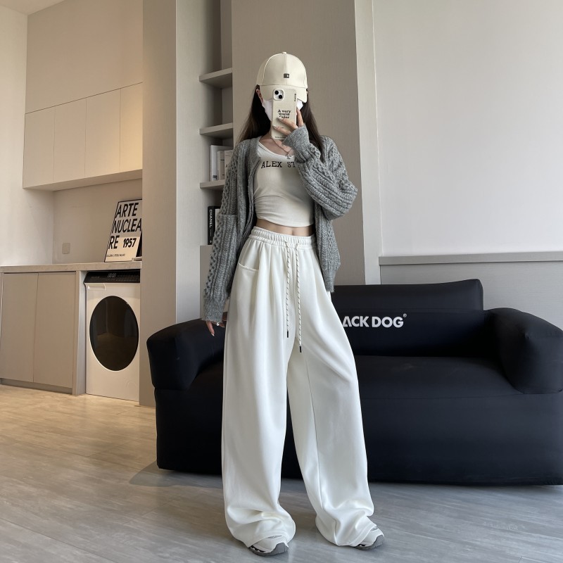 Navy Blue Casual Pants for Women, Elastic Waist Drawstring Wide-Leg Pants, Spring and Summer Loose Slimming Pants, Straight-Leg Pants, Floor-Length Pants