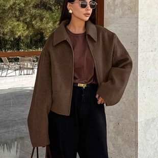 Elegant Simple Casual Short Solid Color Woolen Jacket 2025 European and American Spring Retro Cross-border New All-match Women's Wear