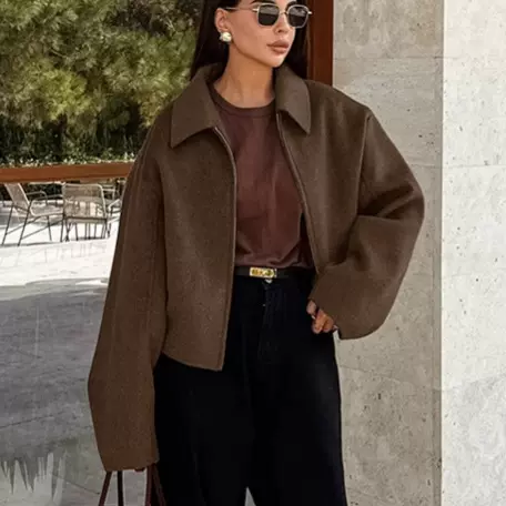 气质简约休闲短款纯色毛呢外套2025欧美春季复古跨境新款百搭女装