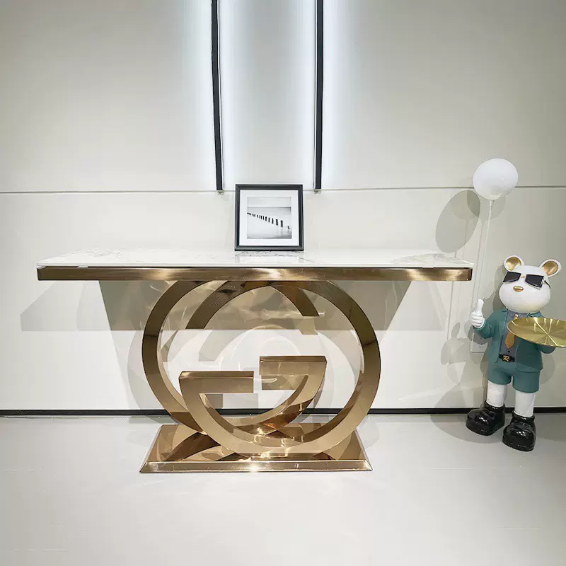 轻奢入户玄关走廊客厅大理石桌子靠墙现代极简不锈钢条案