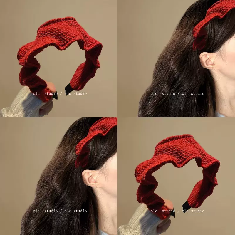 复古红色针织发箍女款高级感秋冬高颅顶褶皱宽边压发头饰百搭头箍