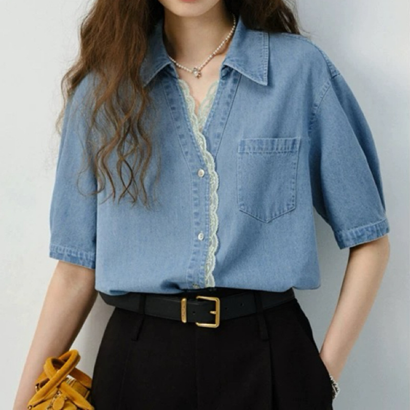 Korean Denim Shirt Women's Niche 2025 New Summer French Lace Lace Splicing Casual Short-Sleeved Top