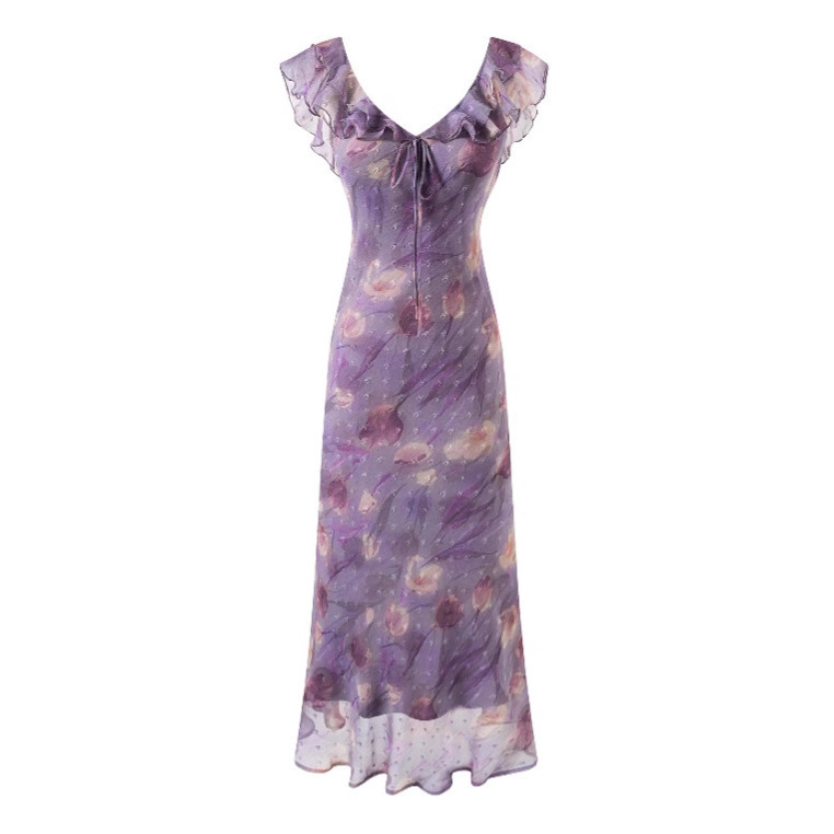 25 French-Style Tea Break Chiffon Tie-Dye Dress for Women, Summer Light Purple Tie-Up Dress with an Elegant Vibe, Slimming and Sweet Long Dress
