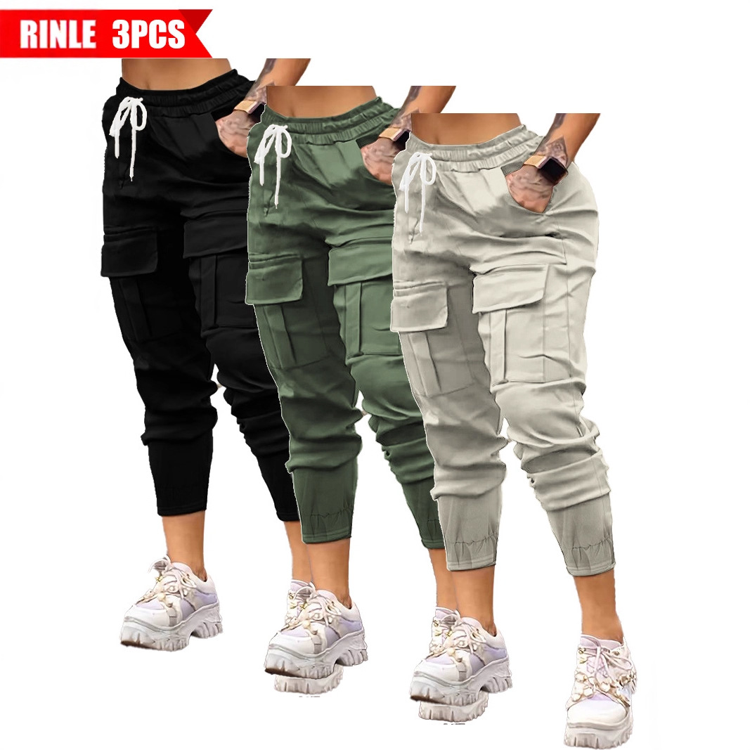 3-Pack European and American Cross-Border Popular Women's Casual Cargo Pants Fashion Versatile Drawstring with Flap Pocket Women's Long Pants