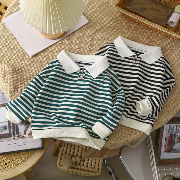 Children's Long-Sleeved Polo Shirt 2026 New Autumn Collection Unisex Top Stylish Turn-Down Collar Striped Base Shirt