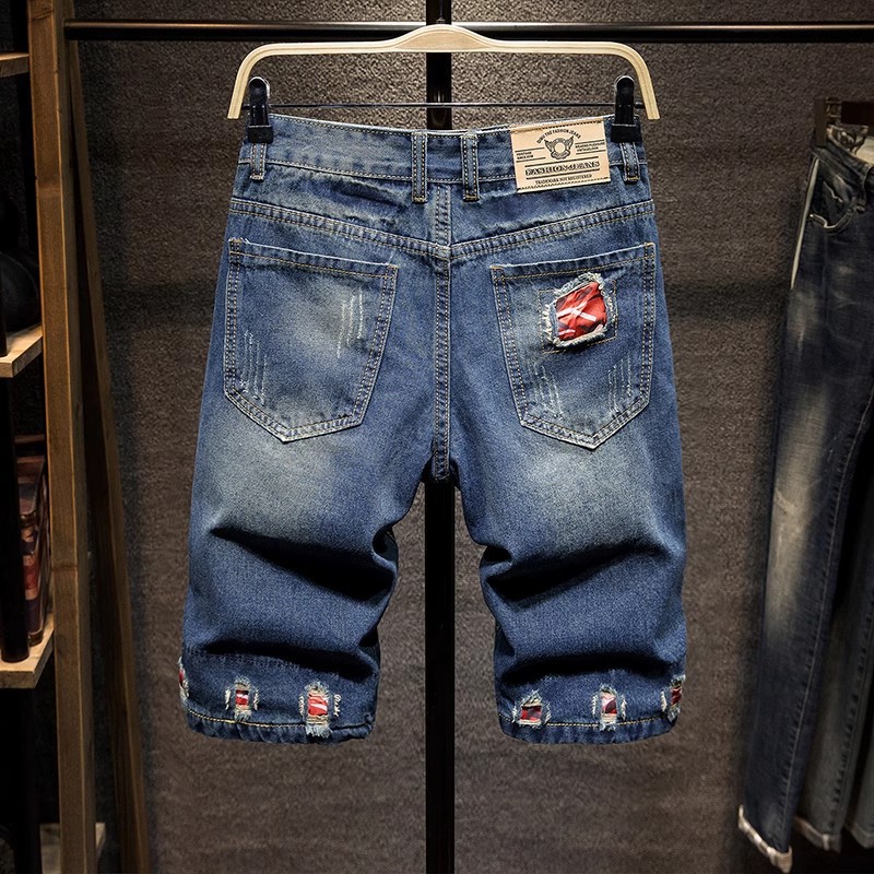 Men's Distressed Denim Shorts With Patch Details, Retro Ripped 5-Pocket Design, Slim Fit Stretchable Cargo Mid-Thigh Shorts For Summer_mkmklike.com