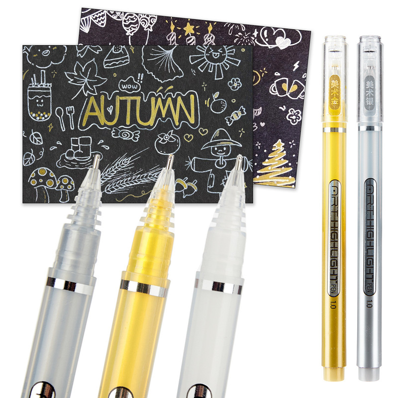 Art Drawing Highlighter Pen 1.0 for Black Card Paper, White Brightening Design, Gold and Silver Outline, Large Capacity Gel Pen