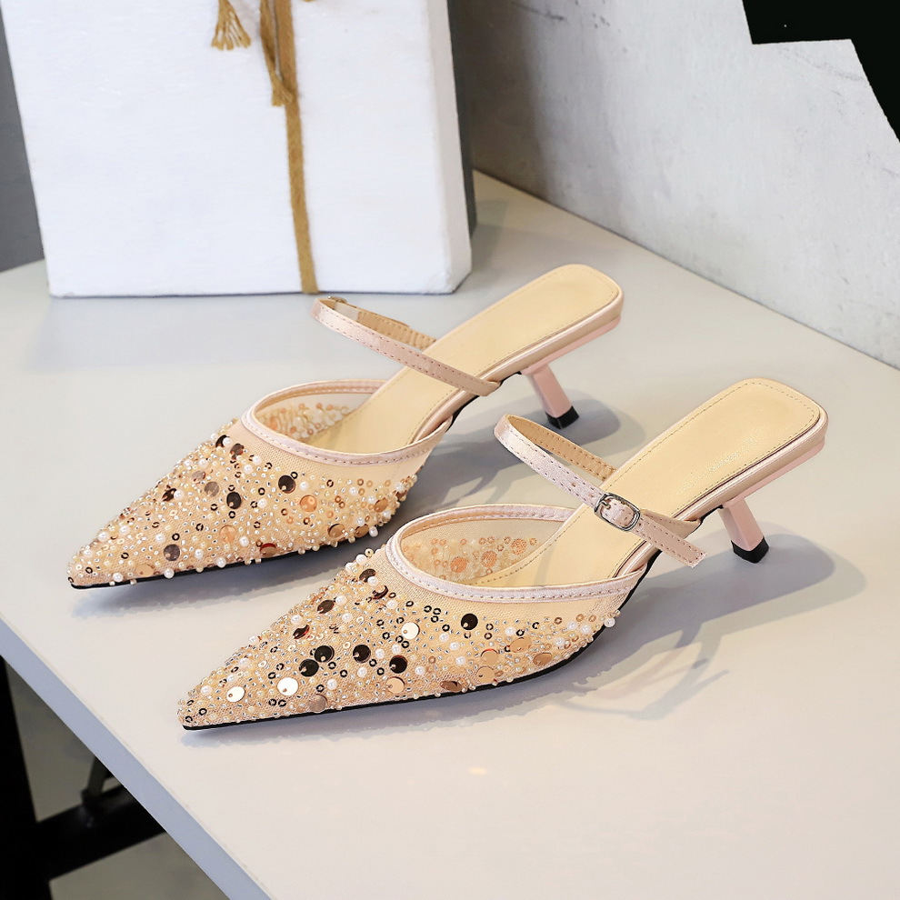 Fashionable Mesh Sequin Pointed Toe Women's Slippers Thin Heel_voghion.com