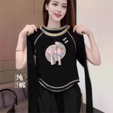 中国风纯棉春秋打底衫女百搭内搭新款印花长袖t恤女上衣