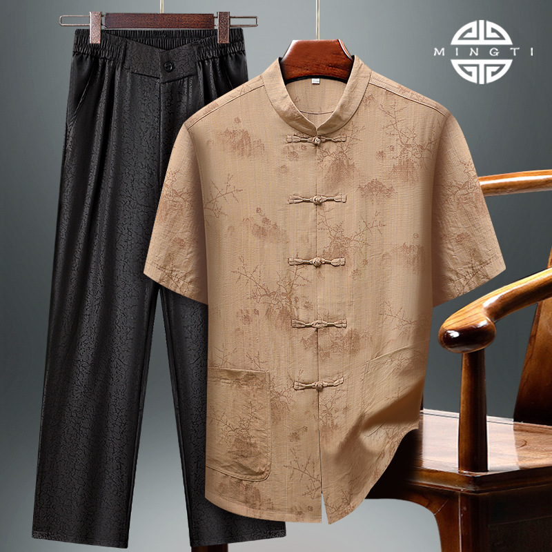 Men's Short-Sleeve Summer Thin Silk Tang Suit Set Casual Grandpa Chinese Style Plus-Size Dad Outfit Hanfu