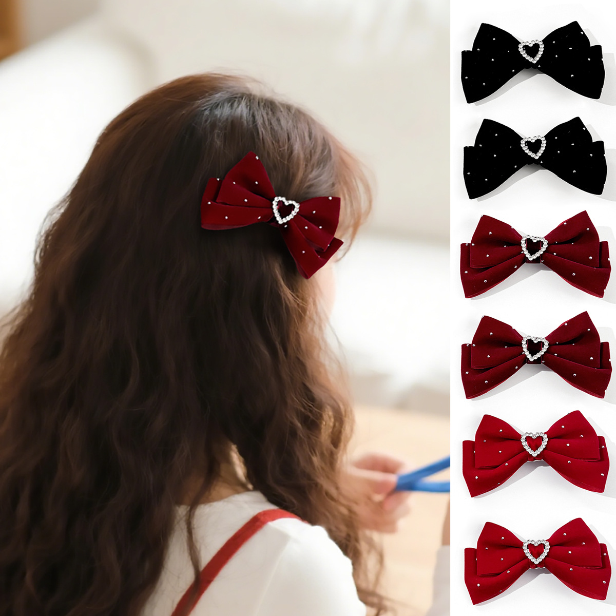 20g Weight Velvet Hair Clip With Rhinestone Heart Bowknot Girl Side Bangs Clip Lady Hair Accessories Princess