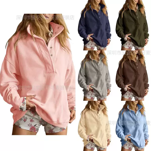 Cross-Border European and American Amazon 2025 Autumn and Winter New Solid Color Button Loose Sweatshirt Comfortable Long-Sleeved Top for Women