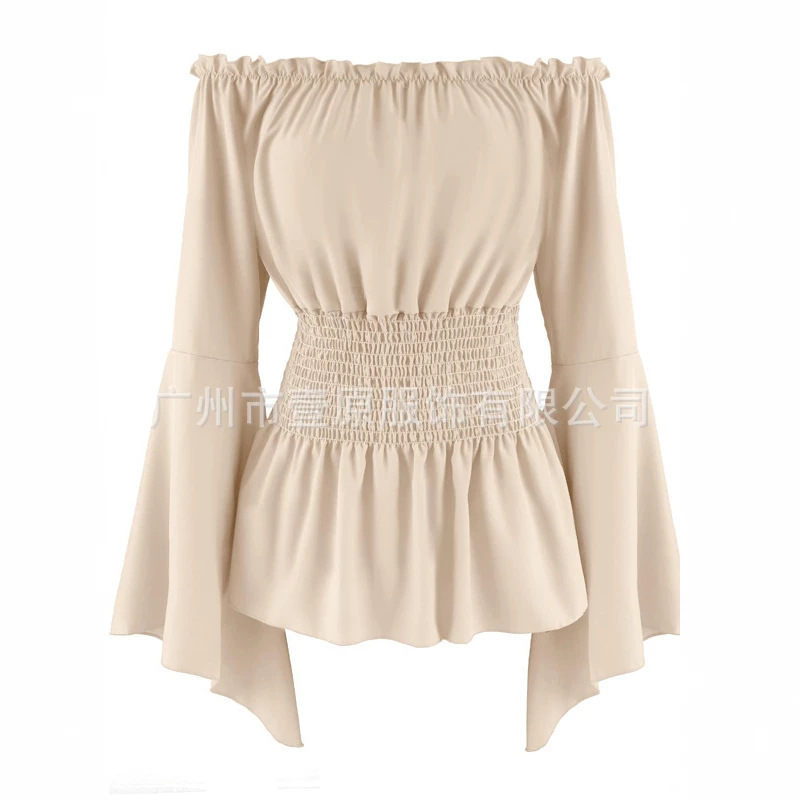 Halloween Medieval Renaissance Costume 2026 Amazon Summer One-Shoulder Flared Sleeve Solid Color Shirt for Women Halloween Medieval Renaissance Costume 2026 Amazon Summer One-Shoulder Flared Sleeve Solid Color Shirt for Women