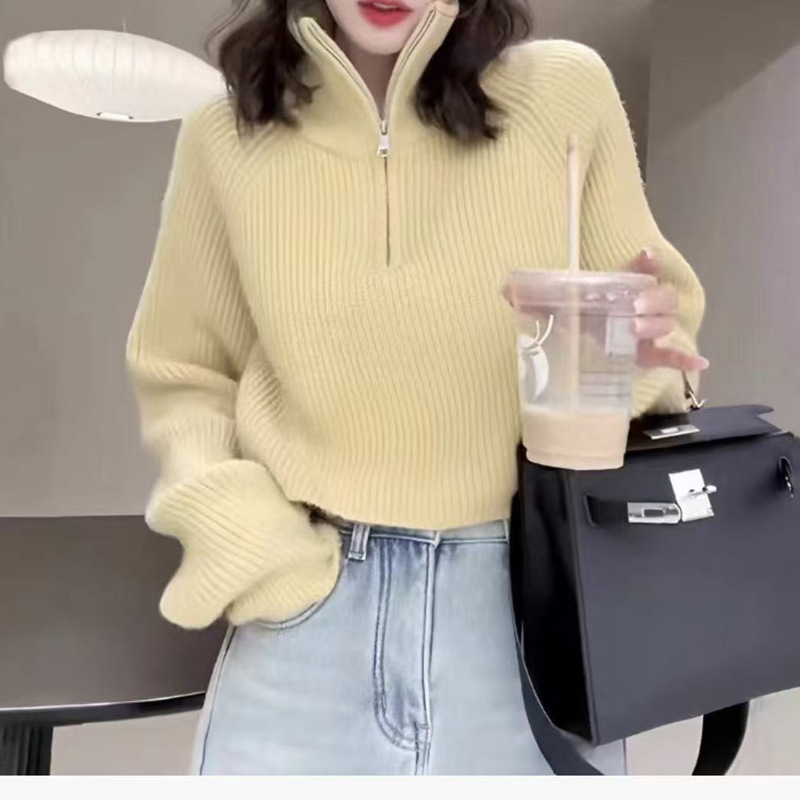半拉链立领红色毛衣女秋冬2025新款韩版宽松慵懒风针织衫翻领上衣|undefined