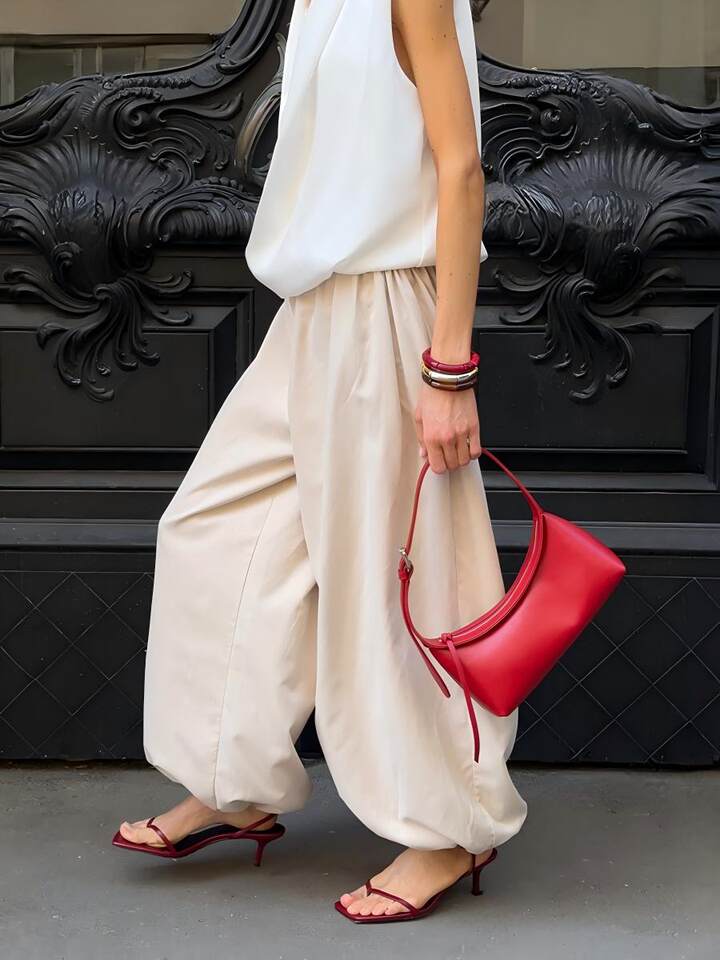 Quần harem ống rộng cotton dáng lửng lưng vừa phong cách đường phố — Màu hồng, Màu kaki, Màu mơ, Màu xanh da trời