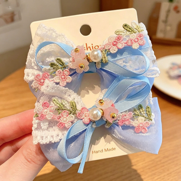 Horquilla con lazo de perlas de estilo coreano para niños, tocado de encaje simple para niñas, accesorios para el cabello con lazo, horquilla de encaje