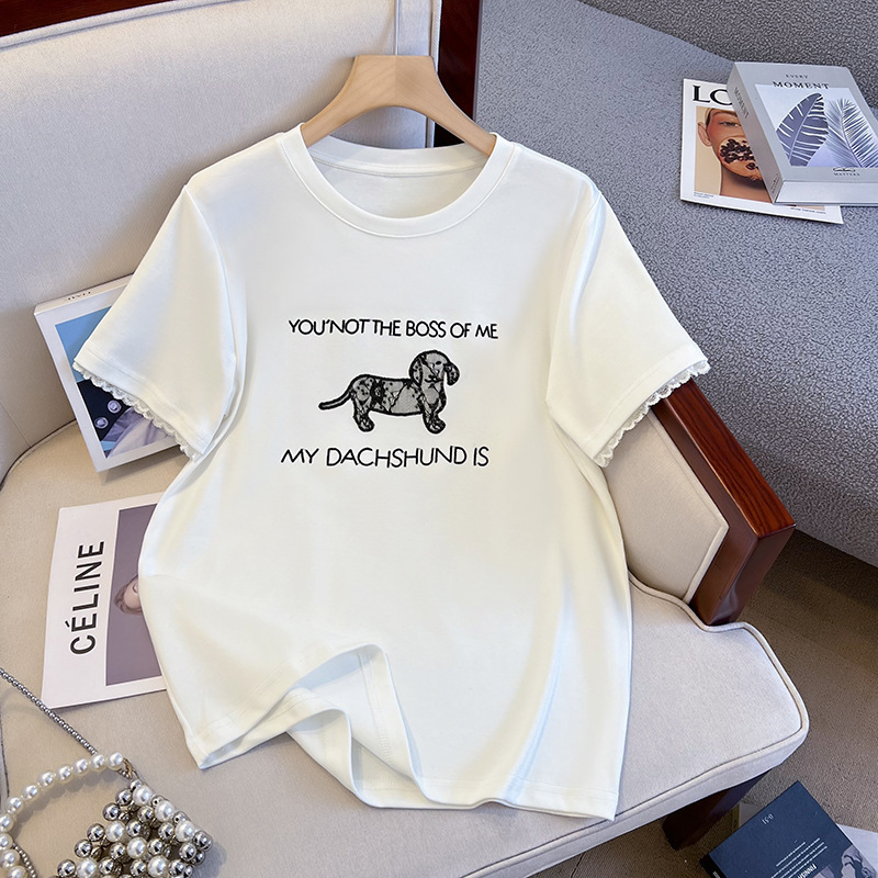 Embroidered Short-Sleeved T-Shirt for Women Summer 2025 New Cartoon Round Neck Lace Trim Half-Sleeved Top