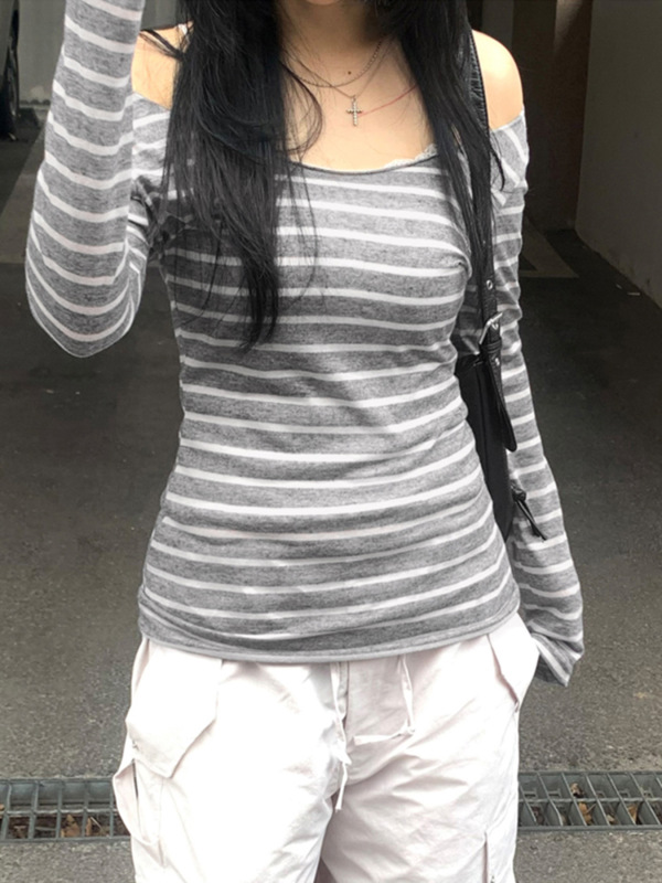 ヨーロッパとアメリカのシンプルなストライプのコントラストカラーの女性用長袖Tシャツ、クロスボーダーワンショルダーベーシック多用途スリムフィットボトムストップ|undefined