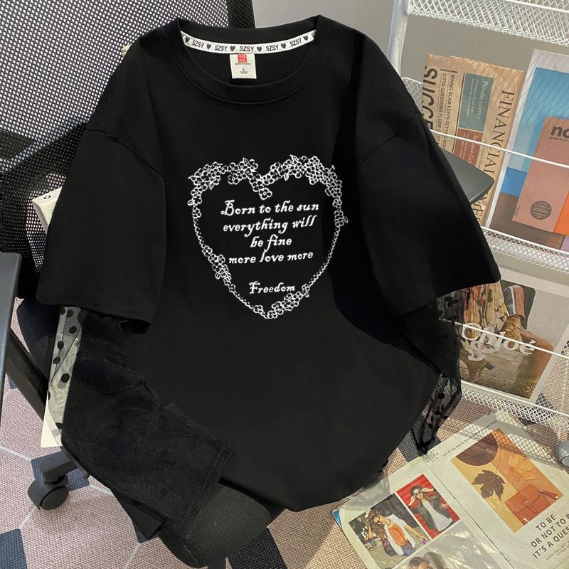 Fake Two-Piece Fun Heart-Print Short-Sleeve T-Shirt for Women, Summer 2025, with Mesh Sleeves, Loose Casual Top