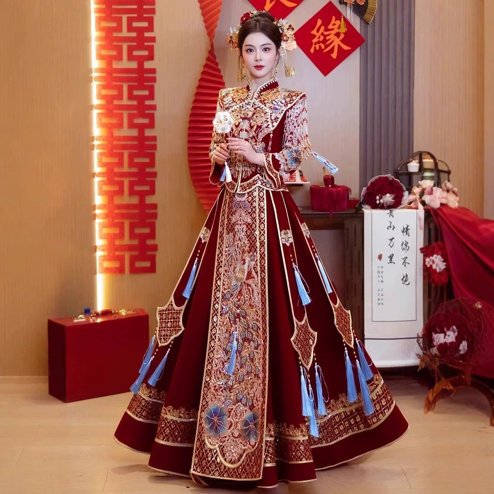 Большой размер бархатного шоу-костюма [Blue Ling] 2025 новое свадебное платье тяжелой промышленности выходит из свадебного платья