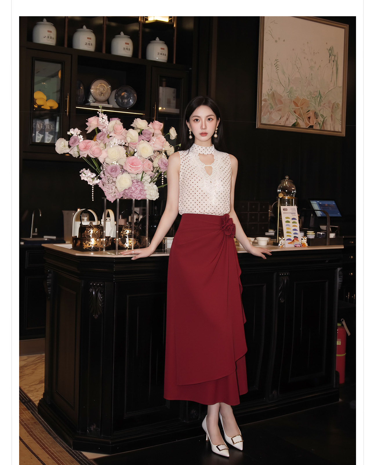 Bộ áo vest và chân váy ngắn họa tiết chấm bi phong cách tân cổ điển mùa hè — Trang phục [Vest+Half Dress], nửa váy, Trang phục [Áo vest+quần short], quần đùi chi tiết 15