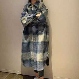 秋冬装新款磨毛高档大码女装宽松格纹羊外套格子中长款大衣