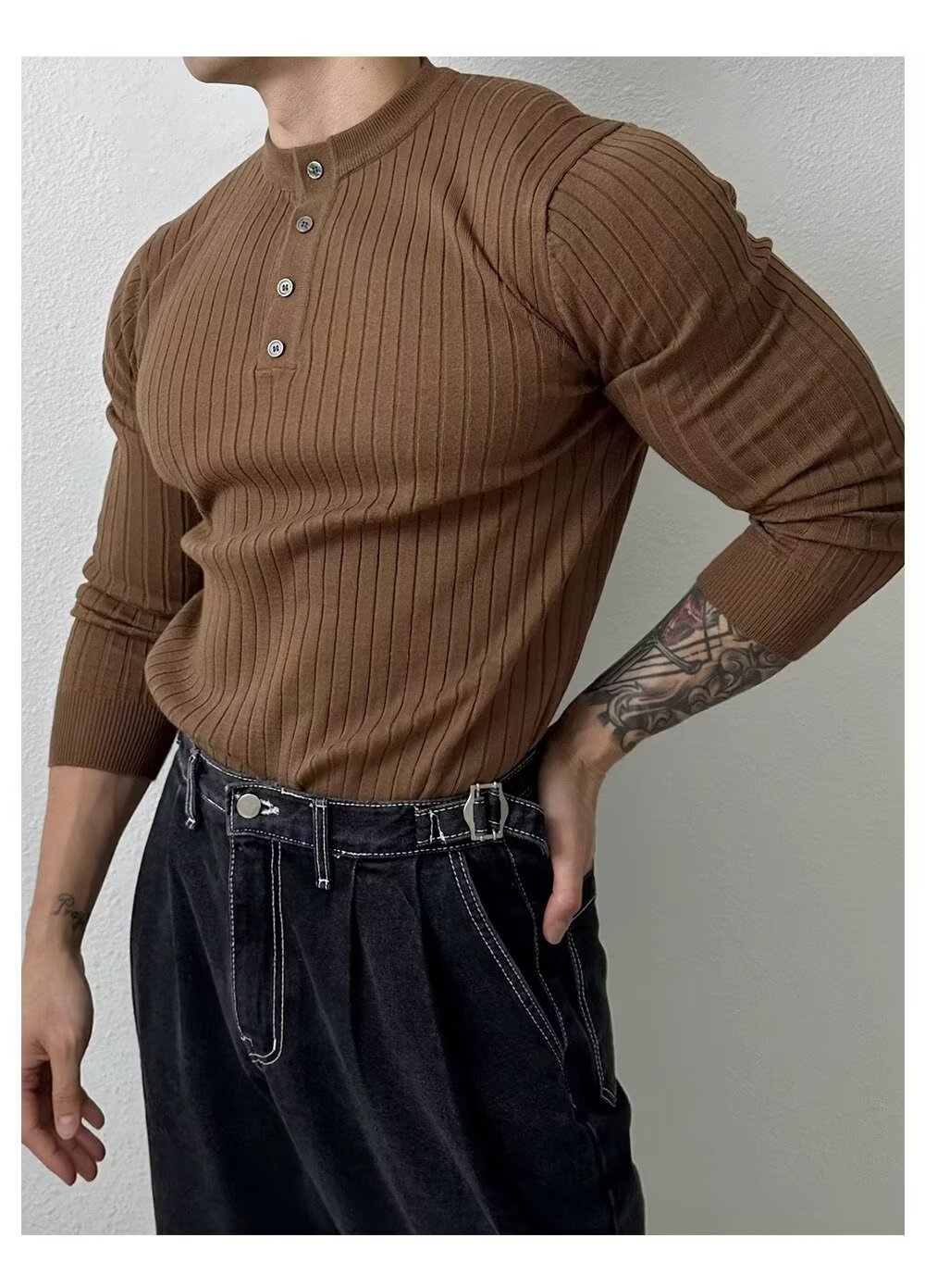 Men's Slim-Fit Henley Knit Shirt - Breathable Polyester Long Sleeve Top, Striped Muscle Fit For Gym & Casual Wear (Spring/Fall Collection)_viptrois.com
