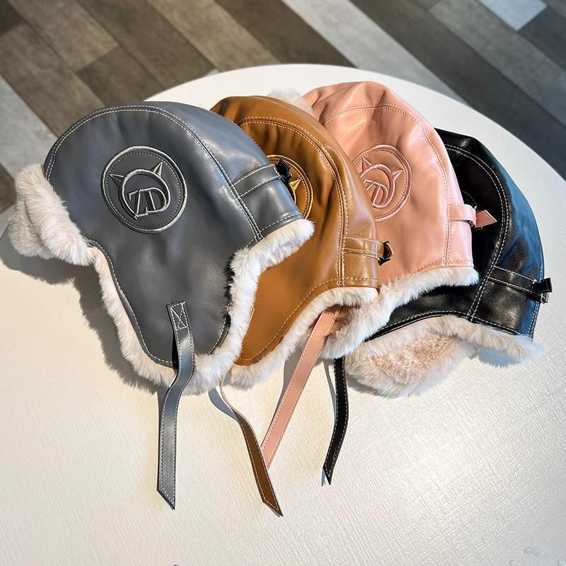 Pilot Hat Women's Warm Pu Leather Plush Ear Protection Skiing Cap_voghion.com