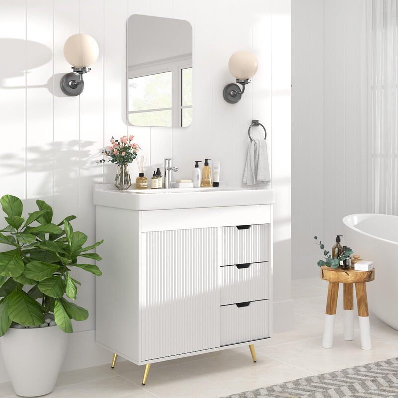 Bathroom sink cabinet groove handle 1 door 3 white modern design simple wavy design Bathroom sink cabinet groove handle 1 door 3 white modern design simple wavy design
