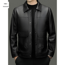 春秋季真皮男士翻领牛皮夹克潮流时尚爸爸装简约皮衣休闲外套男装
