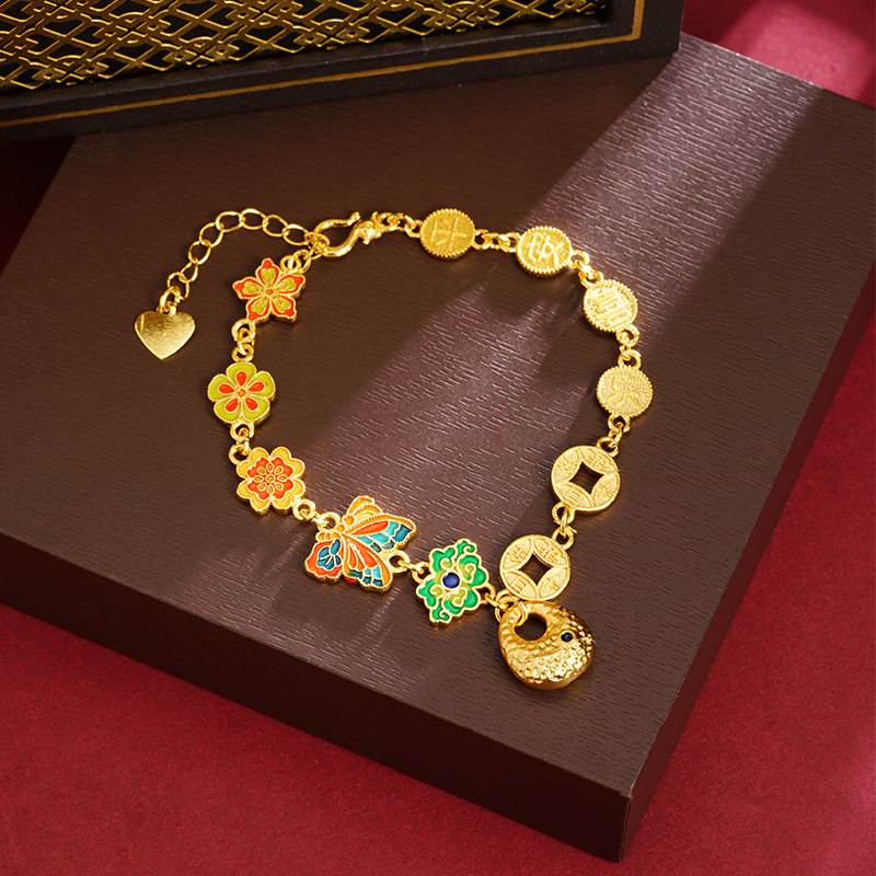 Palacio viento vietnamita pulsera de oro de arena retro paz alegría mariposa moneda de bronce goteo pulsera de aceite para mujeres no decolor joyas