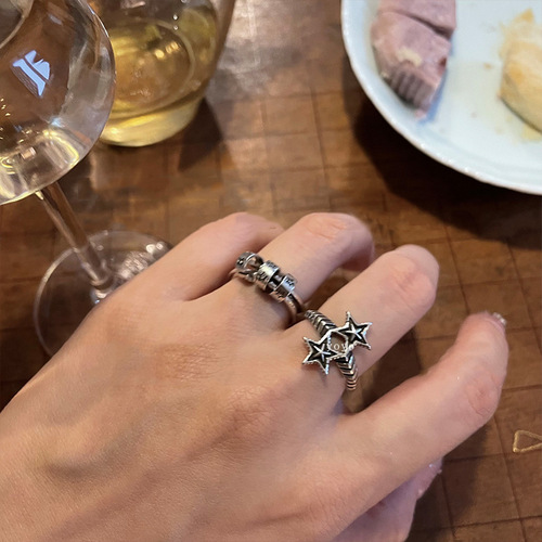 Vintage Retro Distressed Minority Personality Engraved Five-Pointed Star Silver-Plated Ring for Women, Instagram Style Open Adjustable Finger Ring