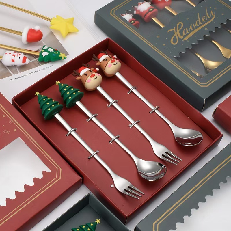 Cucharas de acero inoxidable transfronterizas muñecas de Papá Noel cubiertos cajas de regalo caseras de café mezclador cucharas de postre horquilla de frutas