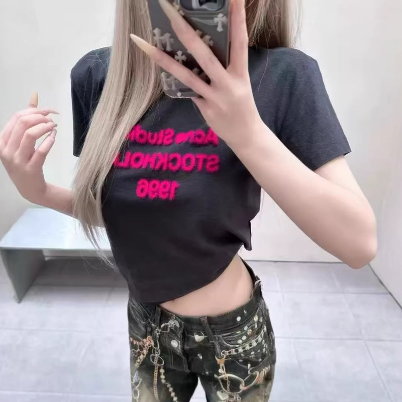 Nanyou 2026 Early Spring Ac New Style Flocked Red Letter Print Small Round Neck Versatile Short-Sleeve T-Shirt for Women