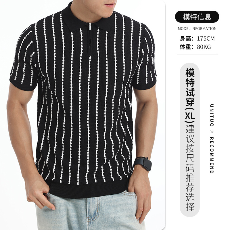 Europa y los Estados Unidos de verano hombre jacquard rayas punto polo medio cremallera solapa camiseta de negocios de manga corta camiseta casual