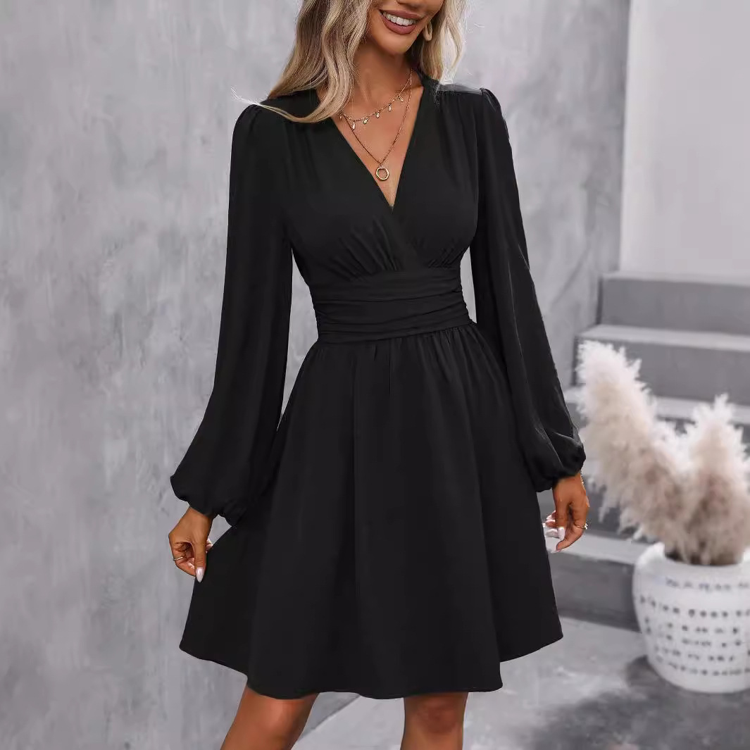 Autumn Winter New Asymmetric Neck Lantern Sleeve Ruched Waist Dress_ecoleips.com