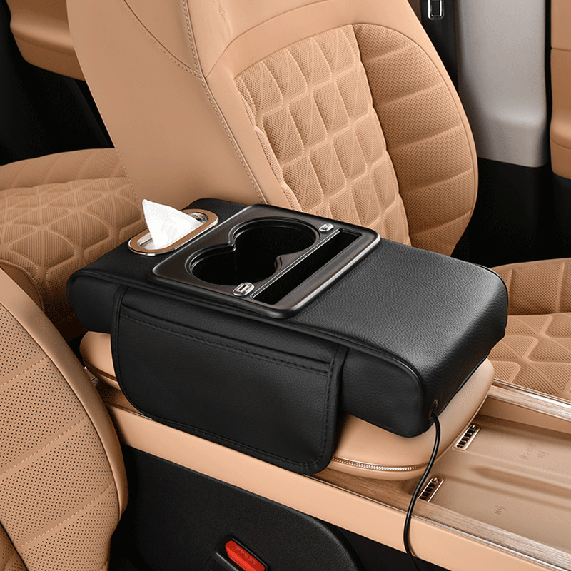 Rechargeable Car Armrest Box Heightening Pad with Cup Holder